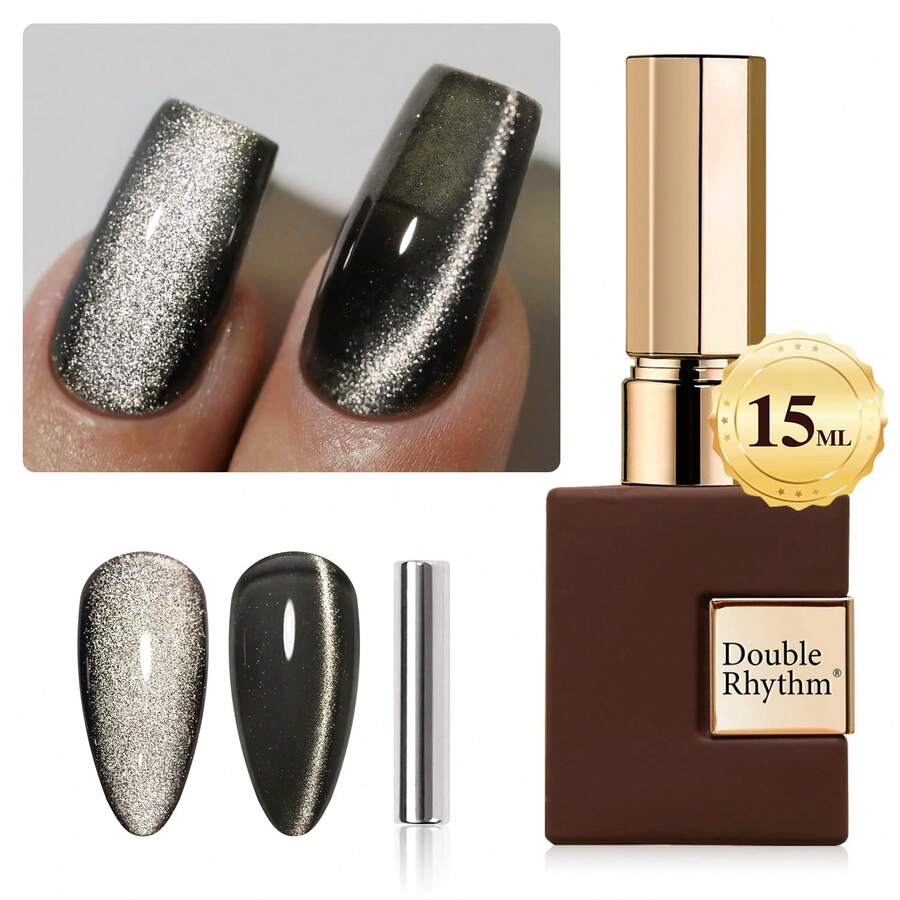 Double Rhythm 0.5 OZ Cat Eye Gel Polish With Magnet 15ML Holographic Glitter Shimmer Translucent Jelly Color Magnetic Polish Salon DIY At Home (Silver-MC1019) - Black - View 1