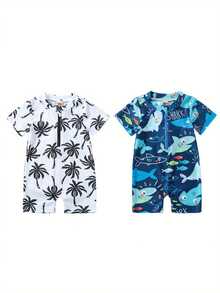 Baby Boys Rash Guard Swimsuit, Cute Shark/Tree Print Short Sleeve Zip Up Swimwear - White - View 9