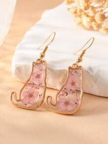 1 Pair Vacation Style Dried Flower, Heart, Cat, Dog, Butterfly, Daisy, Ditsy Floral Earrings In Pink, Yellow, Purple, Blue, Green, Gold Colors For Women, Suitable For Daily Wear