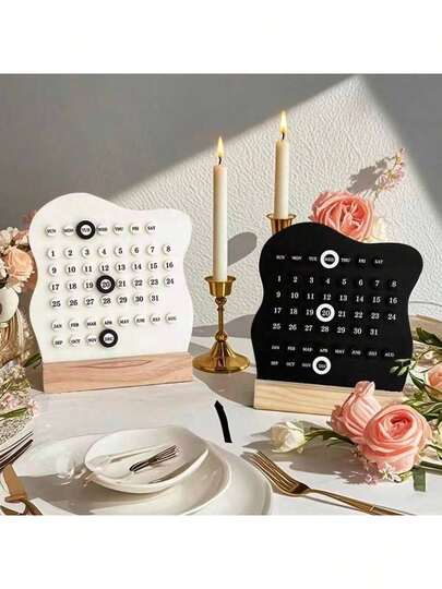 1 件现代简约波浪线设计迷你台历、木质底座装饰、办公桌配件、节日装饰