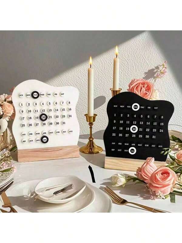 1pc Modern Minimalist Wavy Line Design Mini Desk Calendar, Wooden Base Decoration, Office Desk Accessory, Holiday Decor