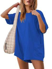 Rompers For Women Casual Oversized Athletic Jumpsuits Overalls Workout Hot Shot Tee Romper - Royal Blue - View 2