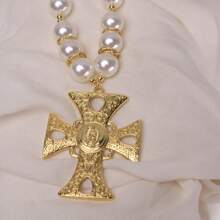 1 pièce Grand collier de pendentif croix pour femmes, conception esthétique, collier ras-de-cou avec perles de verre