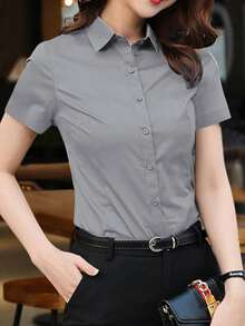 灰色短袖女式办公室衬衫，商务/工作正装衬衫，2025 年春夏新品系列 - 淡灰色 - 查看 5