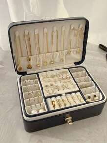1 pezzo Lussuosa scatola portagioie in finta pelle a doppio strato con serratura, organizer per bracciali, baule di immagazzinaggio, scatola organizer, scatola portagioie da donna - spaziosa per anelli, orecchini, collane, bracciali e orologi - scatola regalo perfetta per San Valentino, esposizione di gioielli, scatola portagioie, immagazzinaggio, Festa della Mamma, regalo per matrimonio per donne, organizzatore di immagazzinaggio, elementi essenziali da viaggio, articoli per il ritorno a scuola, immagazzinaggio per dormitorio