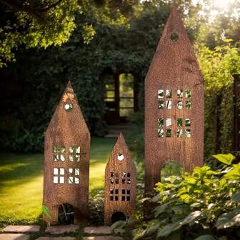 3PCS Rusty Castle-Shaped Metal Houses Silhouette, Decorative Garden Stakes, Vintage Artistic Outdoor Decor For Gardens Flowerbeds Lawns Patios