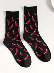 1 Pair Women's Fashionable Chili Print Elastic Mid-Calf Socks, Suitable For Sports And Streetwear