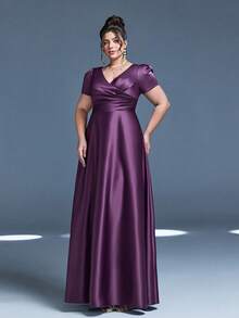 Váy phù dâu màu trơn cổ chữ V mới của Mgiacy Váy dài bằng vải satin tay bồng nhún bèo - Màu tím - Xem 4