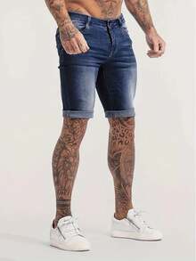 Men's Fashionable Stretchy Slim-Fit Denim Shorts - Medium Wash - View 1