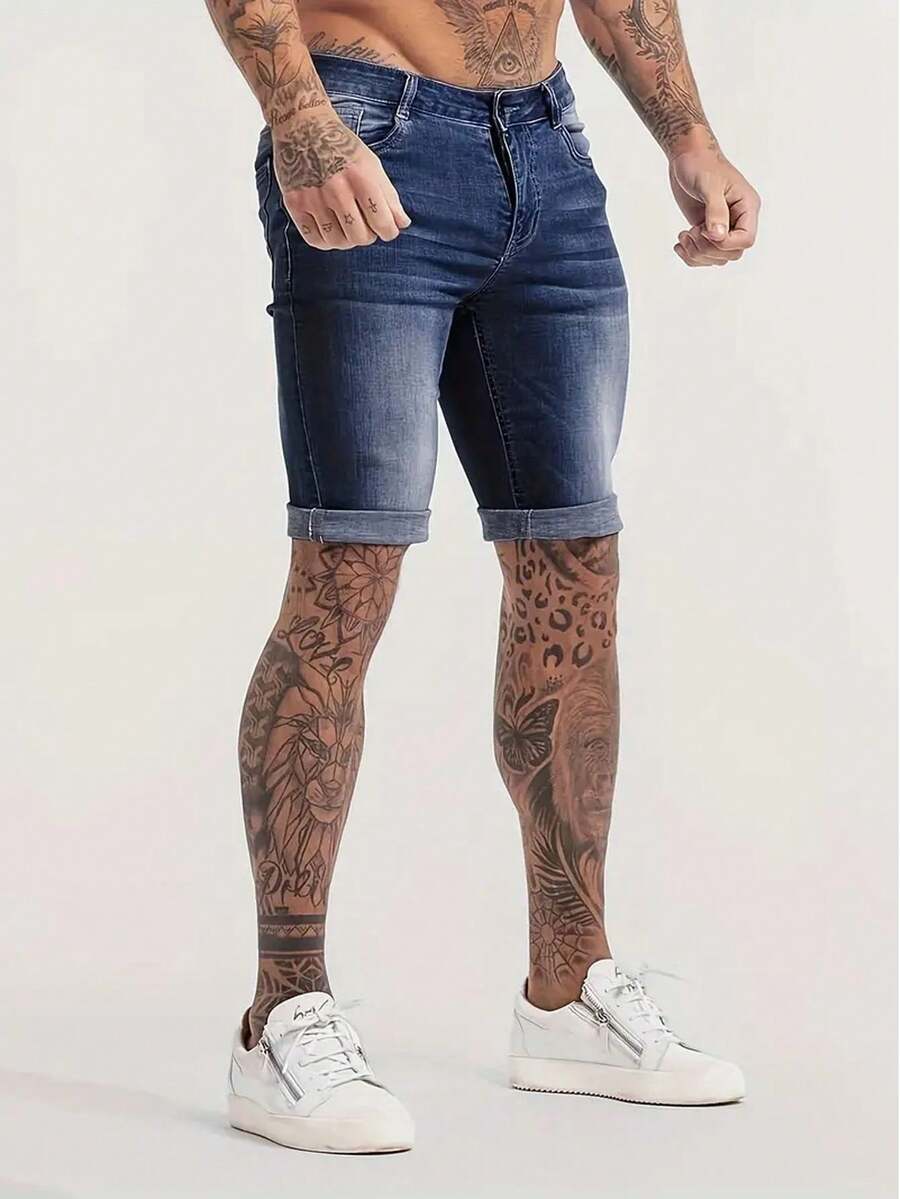 Men's Fashionable Stretchy Slim-Fit Denim Shorts - Medium Wash - View 1