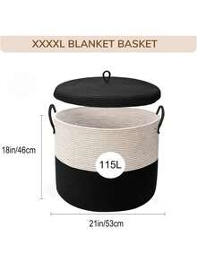 115L Extra Large Blanket Basket With Lid,Blanket Storage For Living Room,Large Woven Storage Basket,Laundry Basket Rope Basket Round,Wicker Basket With Lid,Black 21" X 21" X 18" - Black - View 10