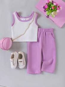 2 piezas Conjunto casual de bebé/niña con top de tirantes de colorblock y pantalones rectos lisos, para verano