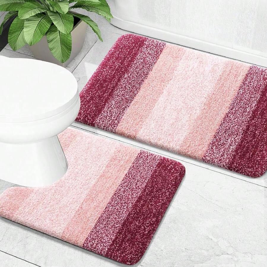 Nuevo Conjunto de alfombra de baño OLANLY de 2 piezas, alfombras de baño de microfibra suaves y absorbentes y alfombra de tocador en forma de U, antideslizante, lavable a máquina y secable, alfombras de baño esponjosas y mullidas (30"X20"+24"X20", Rojo) - Rojo 30" x 20" + Forma de U 24" x 20" - Ver 1