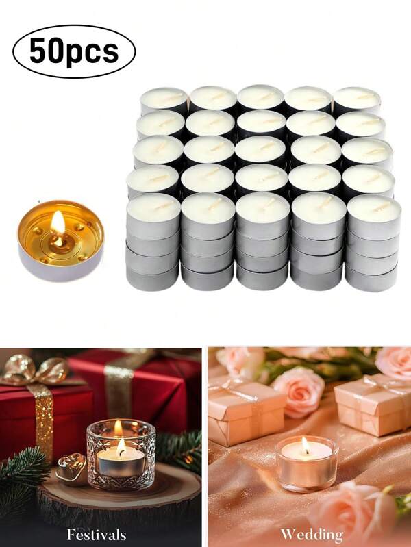 50pcs/Box Candles, Smokeless Candles, White Bulk Candles, Tea Candles Burn Time Approx. 1.5-4 Hours, Smokeless Clean Burning, Home Decor Candles, For Living Room, Dining Room, Kitchen Table Decor, Suitable For Holidays, Valentine's Day, Romantic, Wedding
