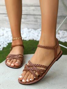 Sandalias planas para mujer, estilo romano de verano con puntera abierta, correa trenzada y diseño sin respaldo, calzado cómodo de verano para uso diario, diseño de puntera abierta a la moda, buena transpirabilidad, sandalias casuales versátiles, apropiadas para combinar con cualquier atuendo - Negro, Blanco, Marrón - Marrón - Ver 7