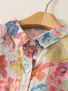 Plus Size Women's Short Sleeve Button-Down Blouse With All-Over Floral Print Lapel Collar - Casual Daily/Festival/Travel Outfits For Spring Summer Fall Evening Occasions
