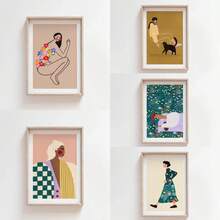 1pc Whimsical Colourful Art Print Vibrant Woman Minimal Portrait Canvas Painting Female Poster Dorm Home Wall Decor Optional Frame - Multicolor - View 3