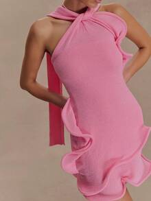 Women's Mini Bodycon Halter Dress Slim Fit Ruffled Trim Sleeveless Knitted Mini Dresses - Pink - View 3