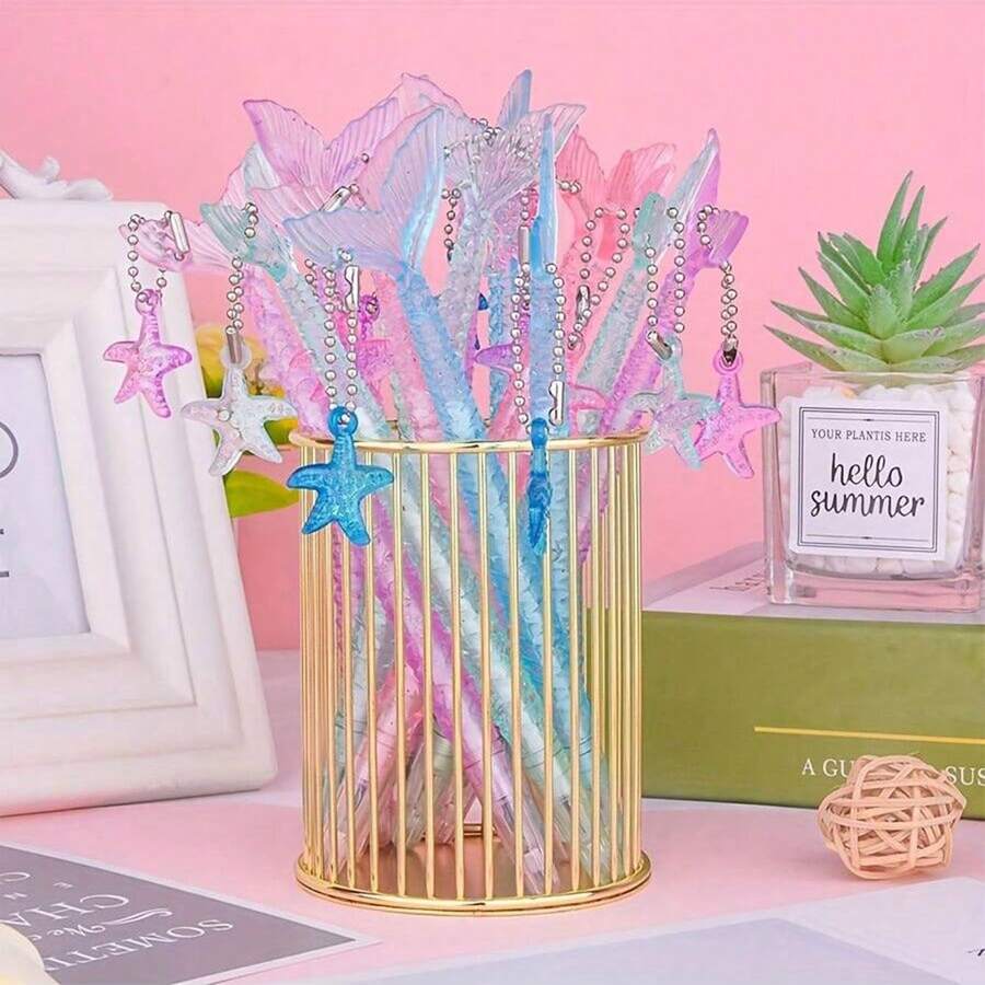 20pcs/16pcs/12pcs/8pcs/4pcs Mermaid Tail Glitter Gel Pen Set With Starfish Pendant, Plastic Oval Body, Press Cap, Medium Nib, 0.5mm Black Ink, Suitable For Adults - One Size - View 1
