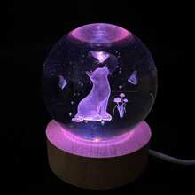 1pc 3D Carved Cat Crystal Ball Night Light With Wooden Base - USB Powered Warm Glow, Rose And Butterfly Design, Cute Animal Theme Desktop Decoration, Valentine's Day, Mother's Day, Christmas And Birthday Gift, Cat Lover Gift - Multicolor - View 3