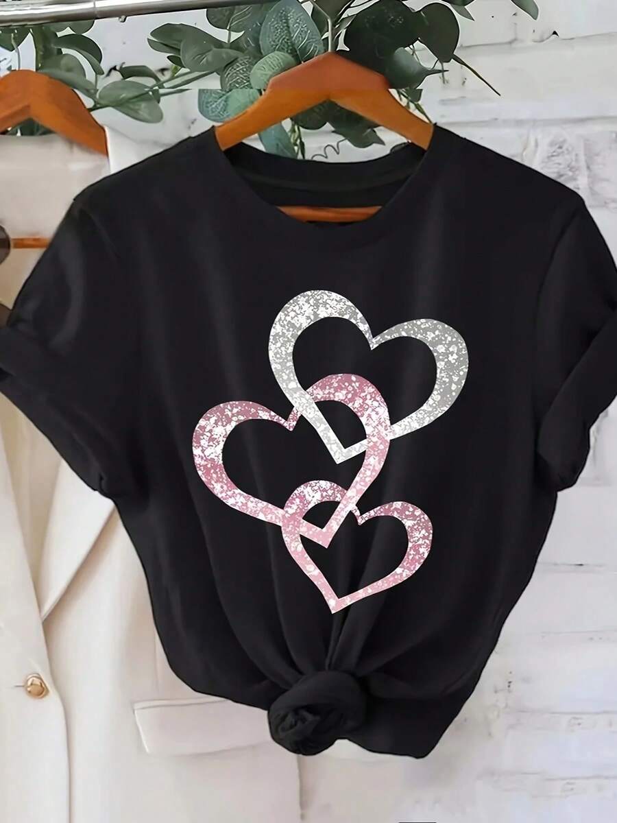 . Stylish Monogram Animation Printed Women's Round Neck Cotton T-Shirt, Simple Design, Comfortable And Breathable, Versatile Essential, Suitable For Daily Leisure, Showing Natural And Elegant Style, Summer Party Essential, Local ShippingQueue Focus Fashion Printed T-Shirt Casual Fashion T-Shirt - Black - View 1