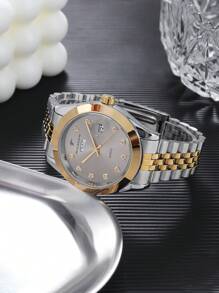 RICECGO RICECGO 1 pieza Reloj de cuarzo clásico para hombre - Estilo de negocio, esfera circular, pantalla de calendario dual, correa de acero inoxidable, movimiento de cuarzo, adecuado para uso diario, regalo ideal para cumpleaños u ocasiones especiales, regalo del Día del Padre