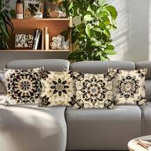 4pcs Mandala Print Decorative Cushion Cover Set, Single-Sided Printed Pillow Protector 45*45cm, Peach Velvet