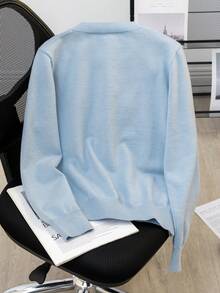 女士秋冬休闲刺绣樱花图案开衫 - 藍色 - 查看 3