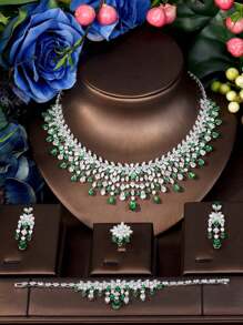 1 Set Dazzling Green Gemstone Necklace Earrings 4pcs Suit, Cubic Zirconia Suitable For Party, Cocktail, Wedding, Bride, MC Formal Dress Accessories