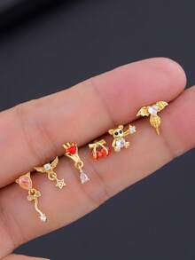 5/6/22pcs Copper Zirconia Butterfly, Heart Geometric L-Shaped Nose Stud & Earrings, Unisex Piercing Jewelry For Daily Wear - Multicolor - View 14