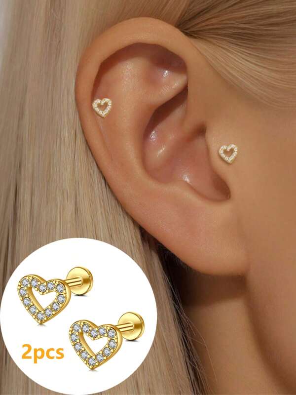 2pcs Heart Stud Earrings Flat Back - Stainless Steels Internal Thread Cartilage Earrings For Women Hypoallergenic CZ Stud Piercing Jewelry Tragus/Helix/Conch/Medusa/Lip/Labret 8mm Gold Silver