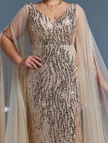 MgiacyV-Neck Mesh Off-Shoulder Double Layer Extra Long Sleeve Sequin Fitted Mermaid Maxi Dress