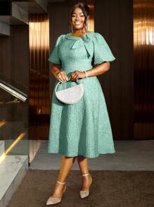 Women Plus Size Rose Jacquard Flared Puff Sleeve A-Line Graduation Dress, Suitable For Commuting, Elegant Cocktail Semi Formal Prom Dress, For Birthday, Wedding Guest, Graduation, Dinner, Homecoming