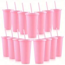 10pack 24 Oz Pink Reusable Plastic Cups With Straw And Lid-Durable, Lightweight, PVC Free-Perfect For Iced Coffee, Water And Party Drinks-Perfect For Valentine's Day, Halloween, Birthday, Christmas And Housewarming Gifts - 粉色 - 查看 2