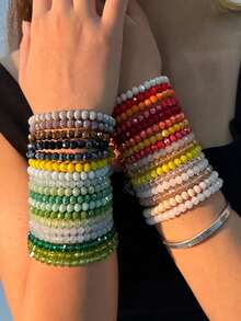 36pcs/Set Bohemian Style Glass Bead & Crystal Strand Bracelets, Multi-Wear Stacking Bracelets Suit For Daily Wear, Beach Vacation, Random Assortment - 36 Pieces/set Glass Rice Beads and Crystal Beaded Bracelets - View 8
