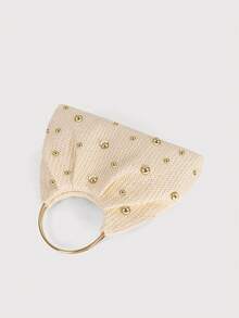 时尚女士手提包，铆钉装饰，褶皱草编包，编织钱包，夏季顶部提手包 - 米色 - 查看 4