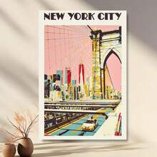 Plakat z płótna w Nowym Jorku, zabytkowy wydruk artystyczny Mostu Brooklińskiego z tuszem w nowoczesnym stylu Art Deco do salonu, sypialni, dekoracji ściennych w domowym biurze Opcjonalna rama - Wielokolorowe - Zobacz 1