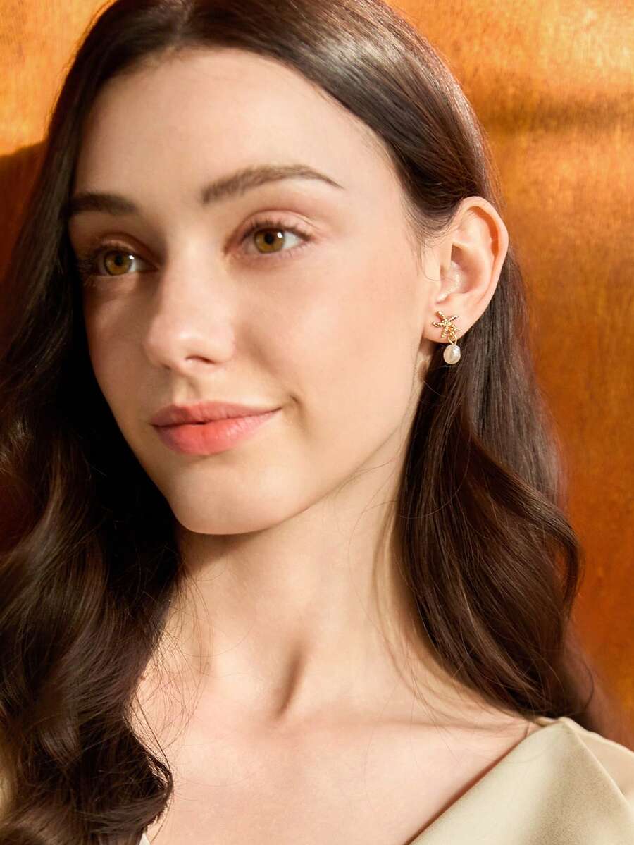 1 Pair Metal Starfish Faux Pearl Tassel Women Earrings, Suitable For Ladies On Holiday (No Card) Winter Gifts - Gold - View 1