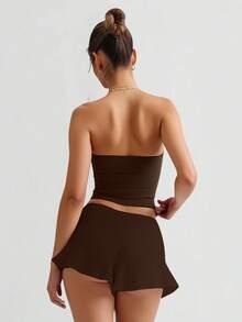 Women Solid Color Pleated Tube Top, Fitted & Stylish - Coffee Brown - View 3