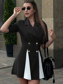 Vestido Linha-A Elegante com Cintura Marcada, Design de Contraste Preto e Branco, Confortável para o Dia a Dia/Trabalho