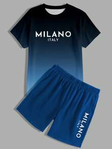 2 Stücke Herren Sommer Farbverlauf T-Shirt mit Buchstaben Muster & Lässige Shorts Sport Set - Verschiedenfarbig - Übersicht 3