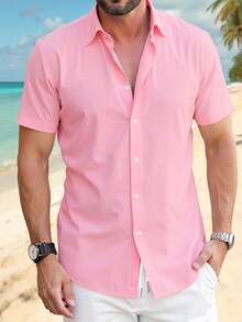 New Stylish Men's Sexy Shirt - Fashionable Mature Pink Shirt, Lightweight Summer Top, Short Sleeve, 4-Way Stretchy Fabric, Suitable For Holiday, Daily Wear And Travel In Summer - Pink - View 3