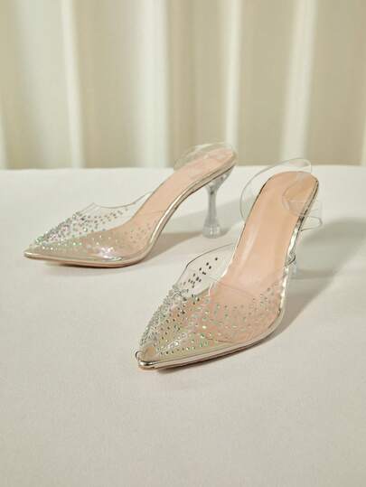 女士透明水晶细高跟凉鞋，粗跟舒适高跟鞋，尖头凉鞋适合宽脚，闪亮水钻高跟鞋，圣诞冬季圣诞礼物