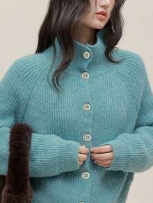 Alicedudu Women's Autumn/Winter Casual Reversible Collar Cardigan Sweater - Teal Blue - View 6