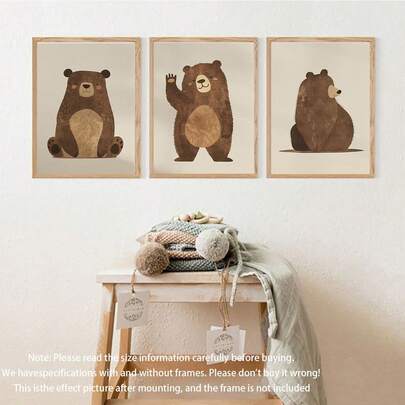 可爱熊 1 或 3 婴儿房墙壁艺术套装：3 件森林主题婴儿房装饰，手绘棕熊和腮红 - 男女通用斯堪的纳维亚婴儿房印花