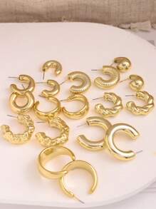 6-18PCS Luxury Gold Thick Twisted C-Shape Teardrop Earring Set, Suitable For Women Fashion Metal Geometric Round Earrings, Personalized Exaggerated CC Earrings Creative Vintage Hoop Earrings Set