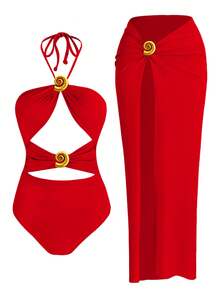 Sexy One-Piece Swimsuit Women Solid Color Plunge 2 Pieces Beachwear Conch Bikini Set With High Split Beach Skirt Resort Wear