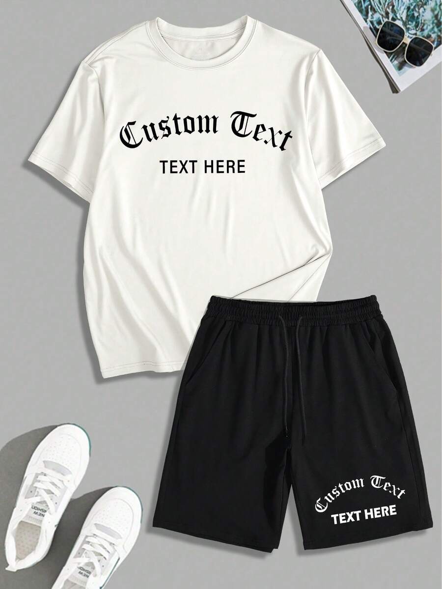 Customized 2pcs Men's Casual/Streetwear/Sports/Outdoor - Tennis & Golf Style Round Neck T-Shirt And Drawstring Shorts, Holiday Gift, Valentine's Day/Birthday/Anniversary Photo Customized, Gift For Him - White - View 1