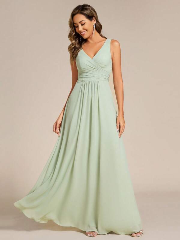 EVER-PRETTY Summer Elegant Chiffon V Neck Sleeveless Lace-Up Ruched Maxi Formal Sage Green Bridesmaid Dresses Wedding Guest Dress For Wedding