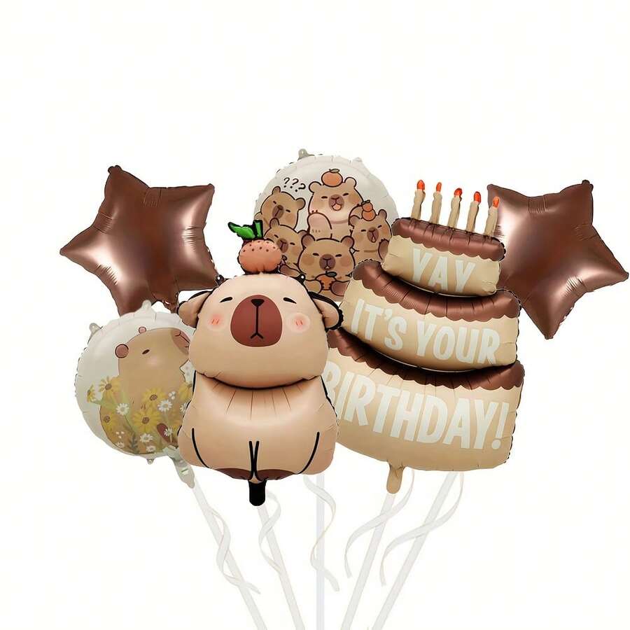4pcs/5pcs/6pcs Capybara And Star Happy Birthday Balloon Set, Suitable For Animal Theme Party, Birthday Party Supplies - Multicolor - View 1